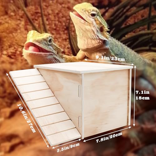 2-in-1 Wooden Hide Cave with Ramp & Basking Platform – Reptile Hideout & Tank Accessory for Bearded Dragons, Geckos, Snakes - size: Small