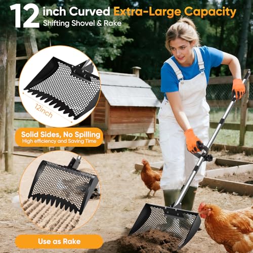 12inch Chicken Poop Scooper & Rake 2-in-1, Heavy Duty Metal Chicken Coop Scoop for Sand with Ergonomic Grip, Adjustable Angle Stainless Steel Chicken Coop Rake Litter Sifting Shovel (37-64") - color: Black
