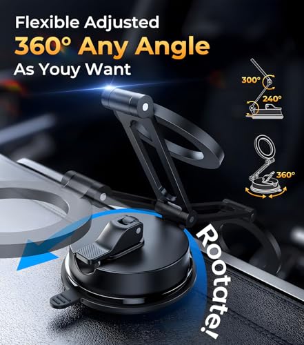 【Vacuum Suction Folding Car Mount】Magnetic Car Phone Holder for magsafe, Aerospace Alloy Arm, Best Dashboard/Windshield/Screen Holder for Your Car/Tesla/Gym/Mirror/Shower/Smooth Surface/iPhone - size: Windshield+Dash+Mag Safe