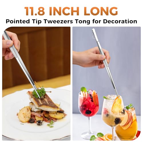 12 Inch Kitchen Tweezer Tongs, 2 PCS Stainless Steel Round & Precision Pointed Tip Extra Long Tweezers Multi-Use Kitchen Tweezers for Cooking, BBQ, plating, Grilling & Food Prep