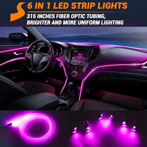Interior Car LED Strip Lights 315 inches Fiber Optic tubing USB Powered RGB 6 in 1 Car Neon with Wireless APP and Remote Control, Ambient Lighting Kits 16 Million Colors,Sync to Music - size: 6 in 1