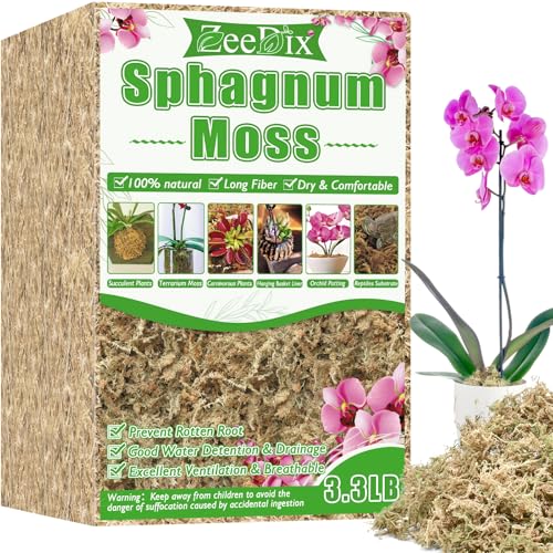 ZeeDix 3.3 lb Premium Sphagnum Moss Bulk, Dried Long Fiber Orchid Sphagnum Peat Moss for Indoor Outdoor Plants, Carnivorous Plants, Succulent, Monstera & Reptiles Habitats (Expands to 60 qt) - size: 3.3 pounds
