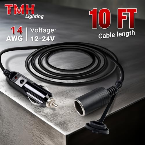 TMH Cigarette Lighter Extension Cord Cable - 10 FT, 14 AWG Heavy Duty Male to Female Socket 12V/24V Car Charger with Cigarette Lighter Socket - size: 10 feet
