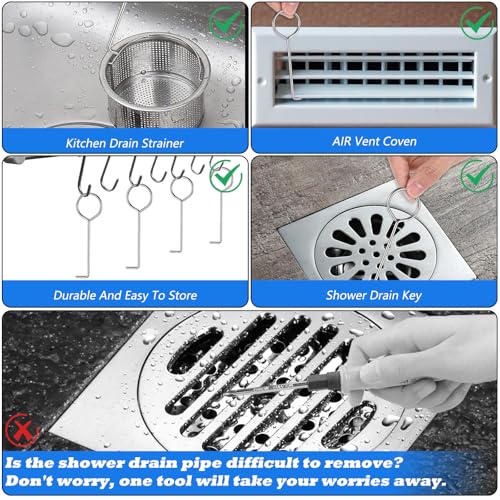 Drain Key Lifting Hooks - 6 Pack 304 Stainless Steel Drain Lifting Hooks, Shower Drains Grate Puller Keys, Lift Out Key for Easy Shower Drains Cleaning, Silver