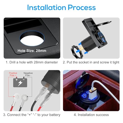 DC 12V-24V Car Charger Socket with PD & QC3.0 Ports LED Indicator Design Waterproof USB Outlet for Car Motorcycle Truck