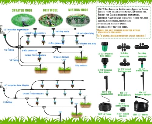 Leak-Proof Drip Irrigation Kit,Quick Connect Irrigation System, Lock Barbed Garden Watering System with 1/4 inch 1/2 inch Irrigation Tubing Hose for Garden,Raised Garden Bed, Lawn - size: Complete Drip Irrigation Kit