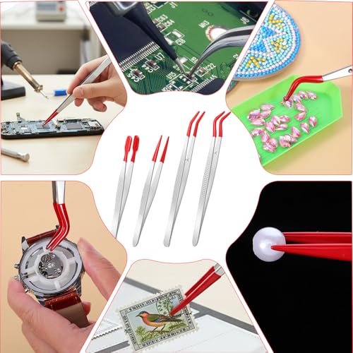 4 Pcs Rubber Tipped Tweezers PVC Coated Craft Tweezers for Stickers Straight Tip Flat Tip Long Bent Tweezer Pointed Tips for Crafts Stamps Electronics Beads Jewelry Lab Work
