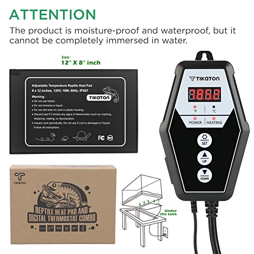 Tikaton Reptile Heating Pad and Digital Thermostat Combo Set, Under Tank Heater for 10-20gal/30-40gal Tank, Terrarium Heat Mat for Turtle/Snake/Lizard/Frog/Spider/Plant Box - size: 1 Pack-12" X 8"