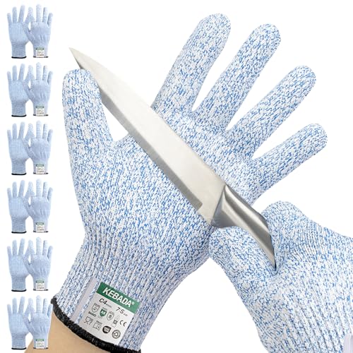 Kebada Cut Resistant Gloves, 100% Food Grade Cutting Gloves, ANSI A4 Level 5 Protection Anti Cut, Glass-Free and Steel-Free, Model C4, 6 Pairs, Medium - color: Blue(6 Pairs), size: 8/Medium