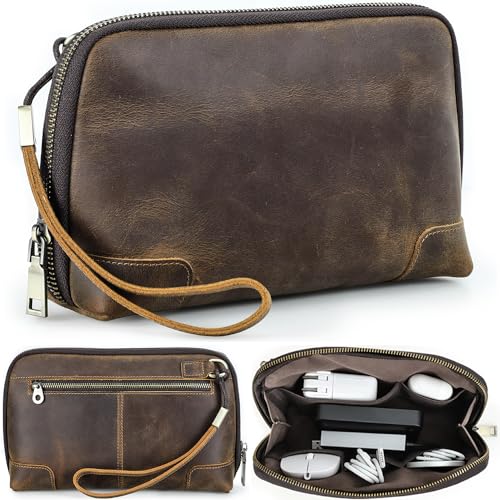 Electronic Organizer Zipper Bag Tech Pouch, Top Grain Leather Handmade, Portable Compact Travel Storage Cases Fits Apple Accessories, Phone, USB Cables, Power Banks, Chargers, Hard Drive - color: Vintage Dark Brown -【Fits Apple Accessories】- 1
