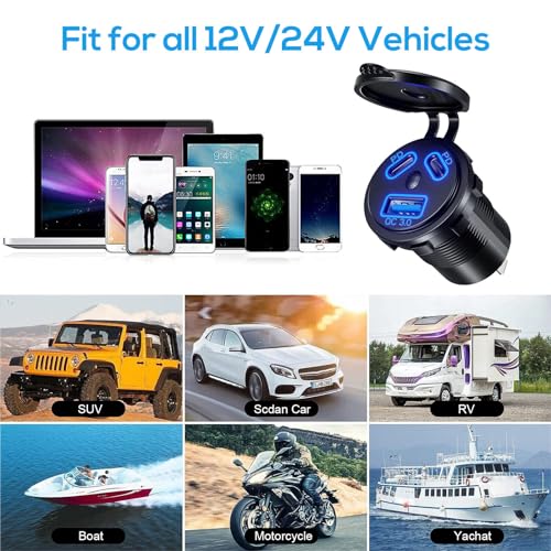 DC 12V-24V Car Charger Socket with PD & QC3.0 Ports LED Indicator Design Waterproof USB Outlet for Car Motorcycle Truck