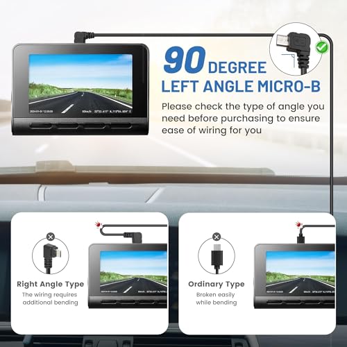 EWAY Dash Cam Mircro USB Power Cord 16.5ft, USB 2.0 A to Micro-B Left Angle 90 Degree Replacement Power Supply Cable Car Charger Adapter USB Connector for Dashcam Dash Board Recorder Recording Camera