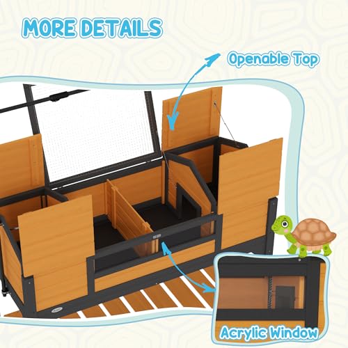 PawHut Tortoise Habitat with Adjustable Lamp Holder, Wooden Tortoise Enclosure with Storage Shelf, Dual Main Houses, Attached Tray, Openable Lid, Yellow
