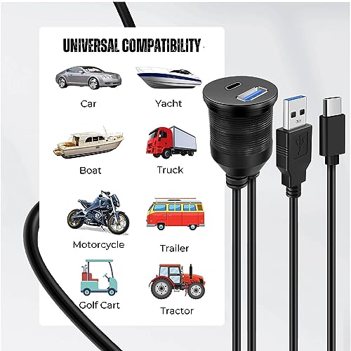 TNP Dual USB 3.0 Flush Panel Mount Extension Cable for Car Dash, 6 ft - size: 2 Ports USB-A + C (6 Feet)