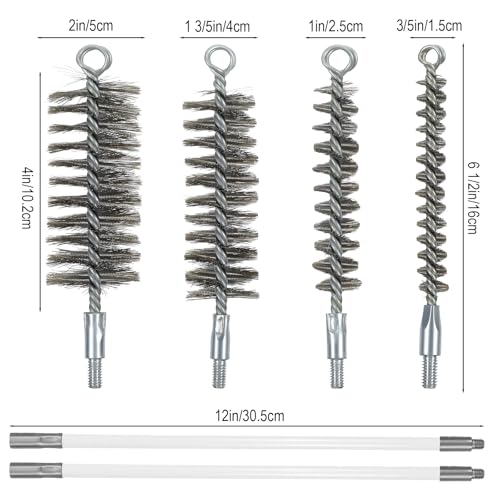 50in Pipe Cleaning Brush Set with Stainless Steel Bristles, Wire Brushs with 4pcs Galvanized Rod, Stainless Steel Pipe Brushs 4pcs for Auto Parts,Bottles,Tubes (3/5,1,1 3/5,2 in Brush Heads