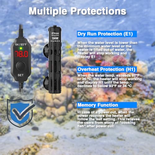Aquarium Heater 100W, Submersible Fish Tank Heater with LED Digital Display, Auto Power-Off When Leaving Water & High Temp Protection, for Fresh and Salt Water Tanks 10-20 Gal - size: For Tanks 10-20 Gal