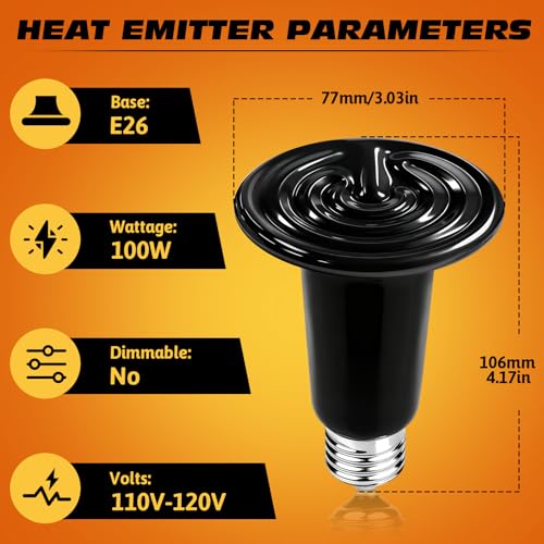 100W Ceramic Heat Emitter Reptile Heat Bulb E26 Base Heat Lamp Bulbs No Light Heat Lamp for Amphibian Pet Brooder Coop Lizard Turtle Snake Terrarium - style: 100 Watts