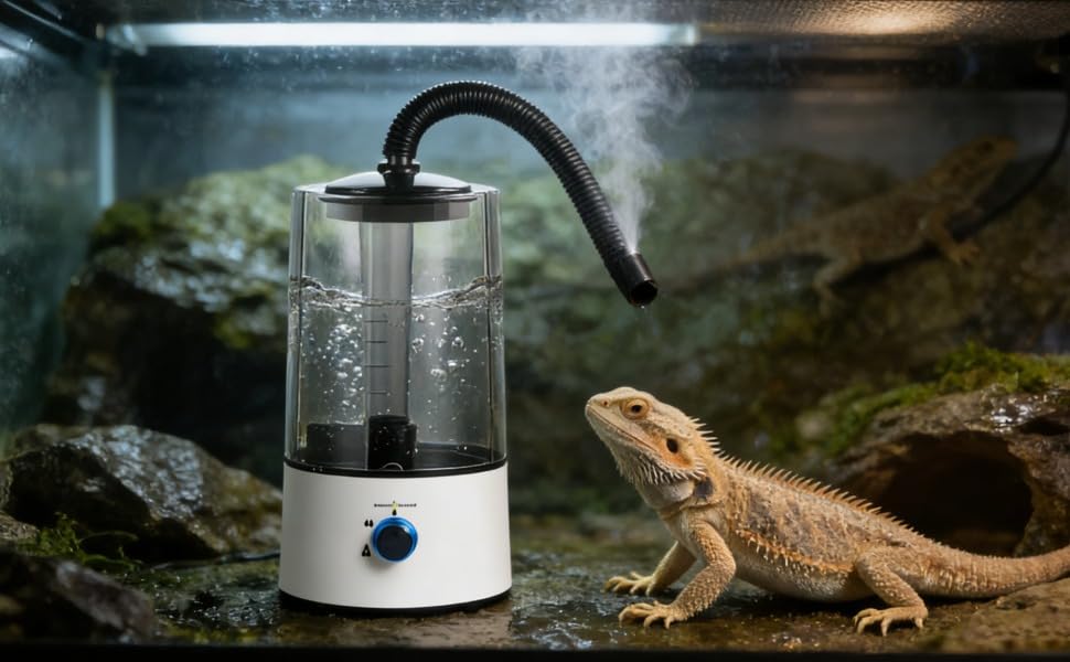 Reptile Fogger, 135 fl oz / 4 L Black & White Humidifier Mister, Customizable Mist, Quiet Fog Machine with Stretchable Tube, Top-Fill for Chameleon Lizard Tortoise