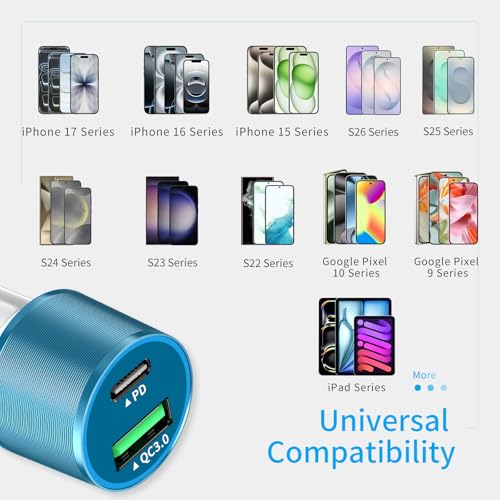 67.5W Blue Car Charger USB C Super Fast Charging for iPhone 17 Pro/Android - color: Blue, size: 3.3 ft