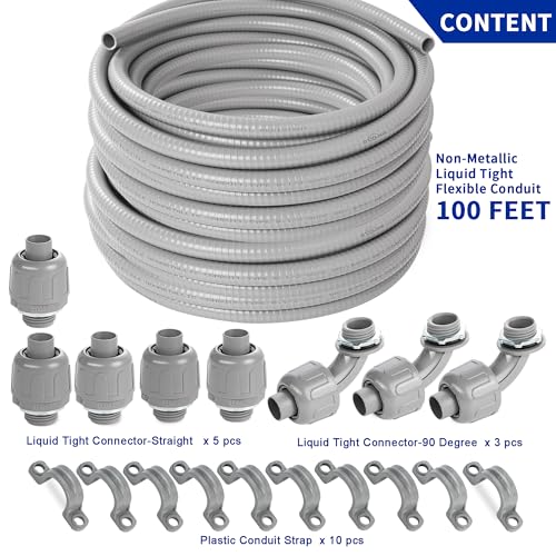 (1/2" Dia * 100 Feet) Yariwiz Flexible Electrical Conduit Liquid Tight PVC Conduit Kit with 5 PCS Coupling, 3 PCS Elbow and 10 PCS Strap, Sealtight Seal Flex Liquidtight Wire Outdoor Non Metallic Grey - style: 1/2"-100ft Kit-Grey