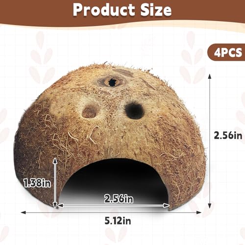 PINVNBY Natural Coconut Reptile Hideouts Lizard, Coco Hut Hermit Crab Hut Aquarium Fish Hide Cave for Small Reptile Crested Gecko Leopard Gecko Spider Snail Climber Toys (4 PCS Natural Surface) - size: 4 PCS Natural Surface