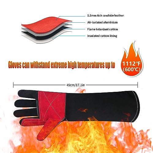 Long Welding Gloves 23.6 Inches 932℉,Heat/Fire Resistant Leather For Mig, Tig, Stick, Forge, BBQ, Grill, Fireplace - color: 17.7in Black