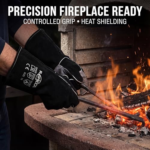 RAPICCA Fireplace Fire Pit Gloves, 662°F Fireproof Leather, 14 in Black | For Wood Stove, Campfire, Charcoal, Cast Iron, BBQ Grill, Oven, Stick & MIG Welding, Forge, Dry Ice - color: Black(length 14in)