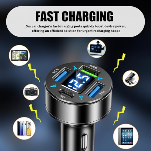 4 Ports Car Charger Adapter,12V/24V Car Cigarette Lighter USB Charger Including 3.1A/PD/Super Fast Charging Ports,Upgraded Cars Phone Chargers with LED Voltage Display & Soft Light