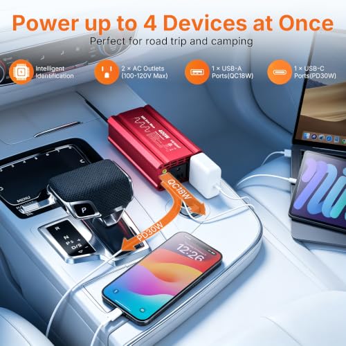 400W Car Power Inverter, DC 12V to AC 110V, PD3.0 QC18W 2 Outlets Dual USB - color: Red-30