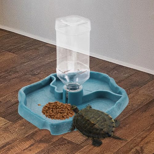 SUPVOX Automatic Reptile Water Bowl and Food Holder for Tortoises and Lizards, Lake Blue and Dark Brown Waterer with Reservoir, Terrarium Feeding Dish for Turtle and Bearded Dragon