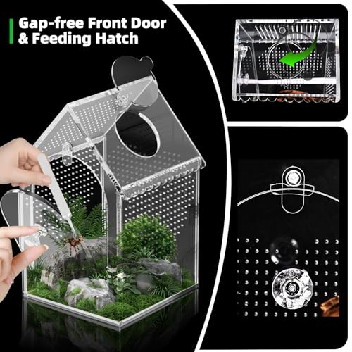 Cycodo Jumping Spider Enclosure,Warp-Proof Seamless Acrylic Tarantula Terrarium,Front Opening Bug Habitat with Feeding Port for Praying Mantis,Hermit Crabs,Snail,Micro Reptile(5" L*5" W*8" H) - size: 5"L * 5"W * 8"H