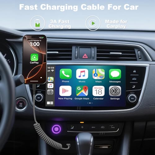 Coiled Carplay Car Charger Fast Charging, USB A to USB C Cable 2 Pack - color: Grey
