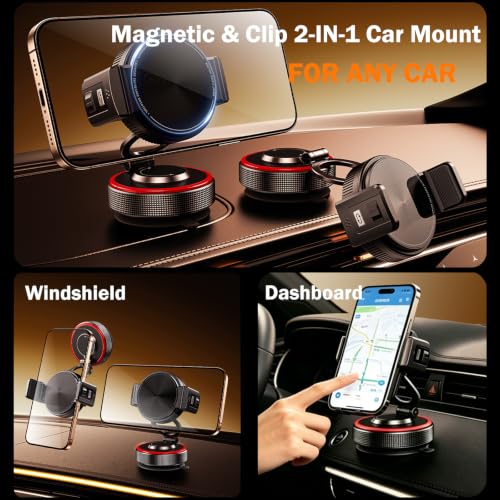 for Magsafe Car Mount, Magnetic Clip 2-in-1, Vacuum Gel Suction Cup