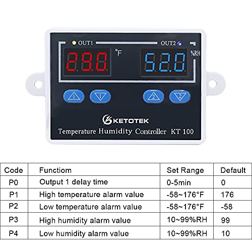 KETOTEK KT100 Humidity Temperature Controller 120V 10A Fahrenheit Digital Thermostat Humidistat Control Switch Direct Output with 1.5m Temperature Humidity Sensor