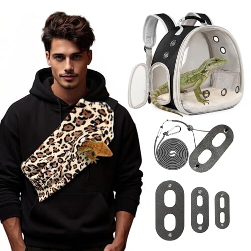 Portable Bearded Dragon Backpack Carrier with Leash and Harness Set, Beardie Carrier, Lizard Adjustable Harness with Leather Wings and Sling Bag, Reptile Small Pet Travel Cage - color: Black