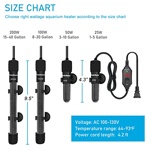 YukiHalu Small Submersible Aquarium Heater, Adjustable Mini Fish Tank Heater 25W 50W 100W 200W 300W with External Temperature Controller, LED Display, Used for 5/10/20/40/60 Gallons (50 Watts) - size: 50 Watts