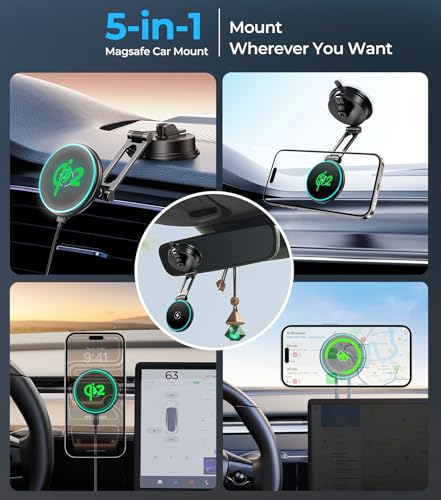 Certified Qi2 Car Phone Mount Charger for MagSafe, 360° Adjustable & Folding Arm, Universal Dashboard Windshield Mirror Screen Magnetic Holder for Tesla Model 3/Y Accessories & iPhone 17/16/15 Pro Max - size: Dash+Screen+Qi2 Charger