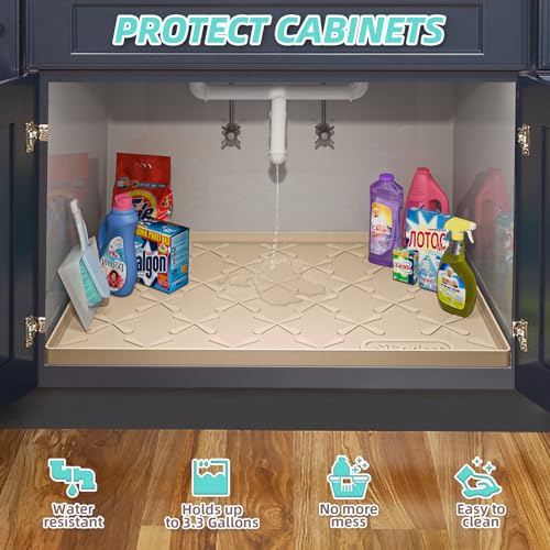 SIKADEER Waterproof Under Sink Mat Silicone 25"x19", Kitchen Cabinet Liner - color: Beige, size: 25"W x 19"L