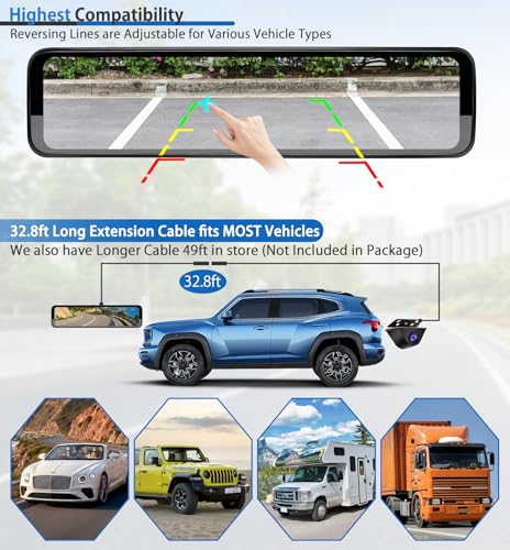 Rear View Mirror Dash Cam 3 Channel: 12" Rearview Dashcam with Detached 360° Front,Infrared Inside,Waterproof Backup Camera - GPS Loop Record Parking Monitoring for Car Truck RV Uber Driver