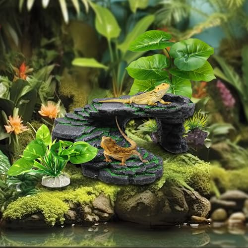 GOZILLA Turtle Basking Platform Kit, Reptile Habitat Hideout, Decorative Resin for Aquarium & Terrarium, Including Artificial Plant*2.(Black-M-Kit)