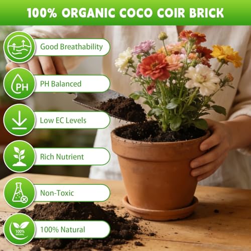 Coco Coir Bricks - Compressed Coconut Fiber Substrate for Plants, Gardening, Potting Mix. Low EC & Balanced pH Natural Growth Medium for Seed Starting, Herbs, and Gardening (2 PCS) - size: 2 PCS