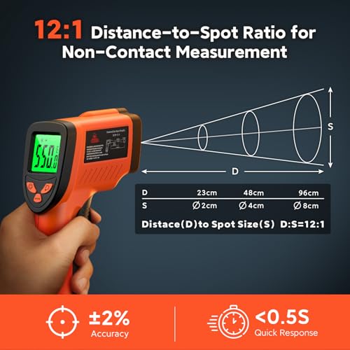 Infrared Thermometer Gun, -58°F to 1022°F, 12:1 Non-Contact | Fast Surface Temperature Reading，12:1 Non-Contact Measurement，Ideal for Cooking & Home Repairs - color: Orange/-58°F to 1022°F