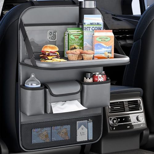 2 Pack Leather Car Backseat Organizer with Foldable Table Tray, Universal Car Seat Back Protector Kick Mat with Touchscreen Tablet Holder, Storage Pockets, Cup Holders & Tissue Holder, Black - color: Gray