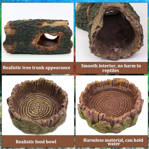 3 pcs Large Reptile Hide Cave Set with Food & Water Bowls. Natural Resin Hollow Tree Trunk Hideout. Reptile and Fish Tank Accessories for Geckos, Lizards, Snakes and Hermit Crabs