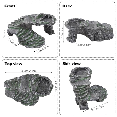 Reptile Hide Cave with Feeding Dish, Basking Platform & Climbing Ledge for Lizards, Natural Rock Style Habitat for Gecko Bearded Dragon Terrarium Decor