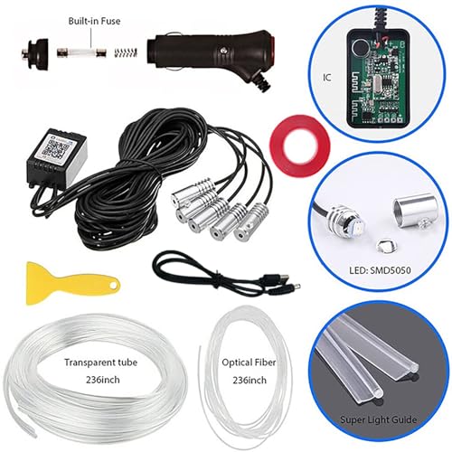 Interior Car LED Strip Lights RGB Fiber Optic Trim Lighting 5 in 1，Wireless APP Ambient Lighting Kits 236 inches Fiber Optic, 16 Million Colors Car Neon Lights, Music Sync