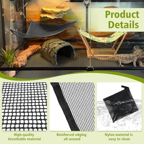 2-Pack Large Bearded Dragon Hammock Set (1 Rectangle + 1 Triangle), Reptile Tank Accessories with Strong Suction Cups, Lounge Bed for Lizards, Snakes, Geckos & Small Pets (Black)