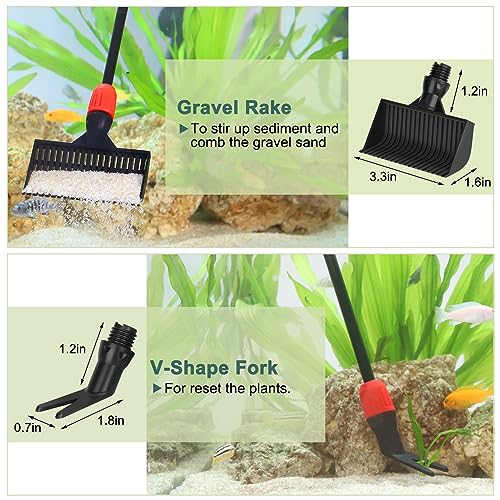 hygger Multi-Use Fish Tank Cleaner, 6 in 1 Aquarium Cleaning Tools Kit with 17.7 Inches Long Handle Algae Scraper Sponge Scrubber Firm Scrub Brush Fish Net Gravel Rake for Acrylic & Glass Tank - size: S(17.7in Long Handle)