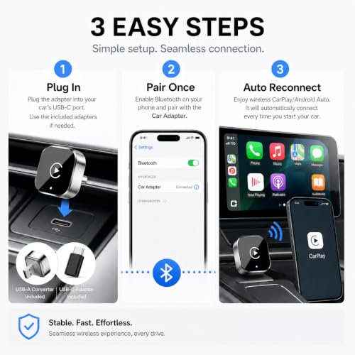 Wireless CarPlay Adapter, 2-in-1 Wired to Wireless CarPlay and Android Auto, Plug and Play, Fast Auto Reconnect, Mini Dongle with USB-A to USB-C Adapter