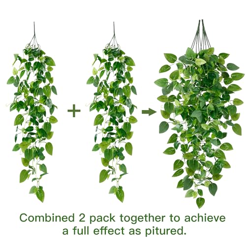 Sggvecsy Fake Hanging Plants 2 Pcs Artificial Hanging Plants Fake Ivy Vine Faux Pothos Vines Artificial Ivy Leaves Greenery Plant for Room Patio Home Indoor Outdoor Shelf Wall Garden Decor(No Baskets) - size: 2pcs